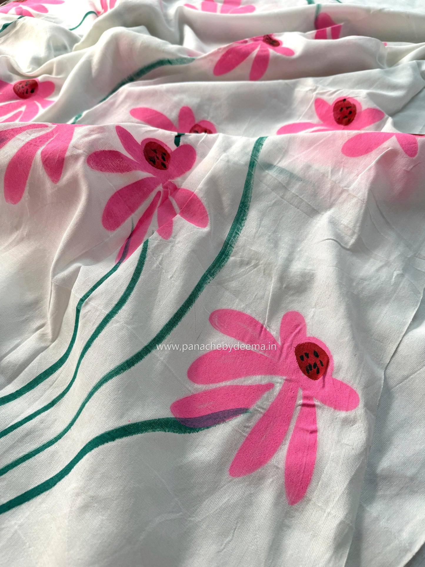 Mul cotton saree handpainted flowers  |white| K12