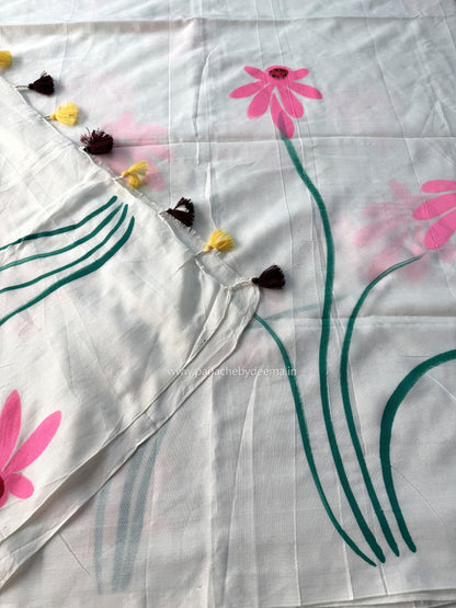Mul cotton saree handpainted flowers  |white| K12