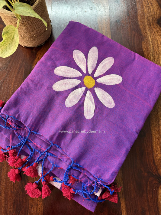 Pure Mul cotton saree handpainted flowers  | Violet| K8