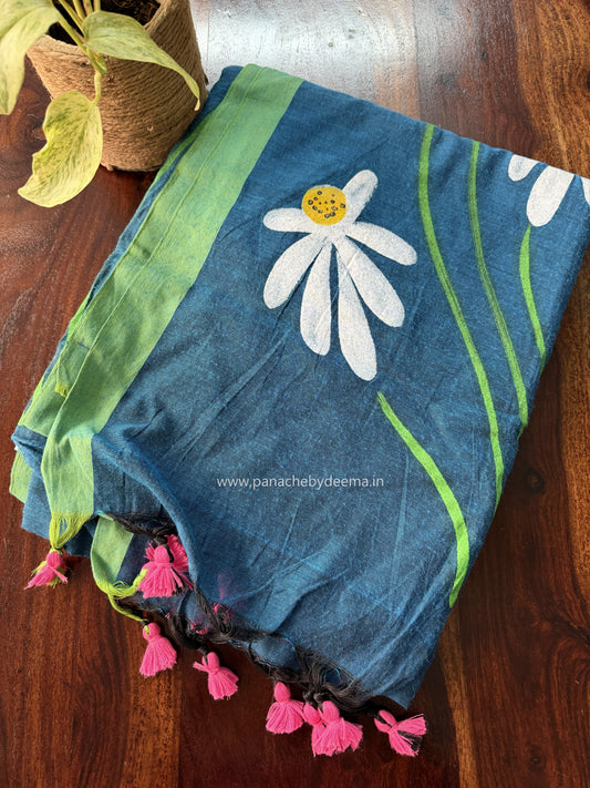 Mul cotton saree handpainted flowers  | Blue with green borders | K9