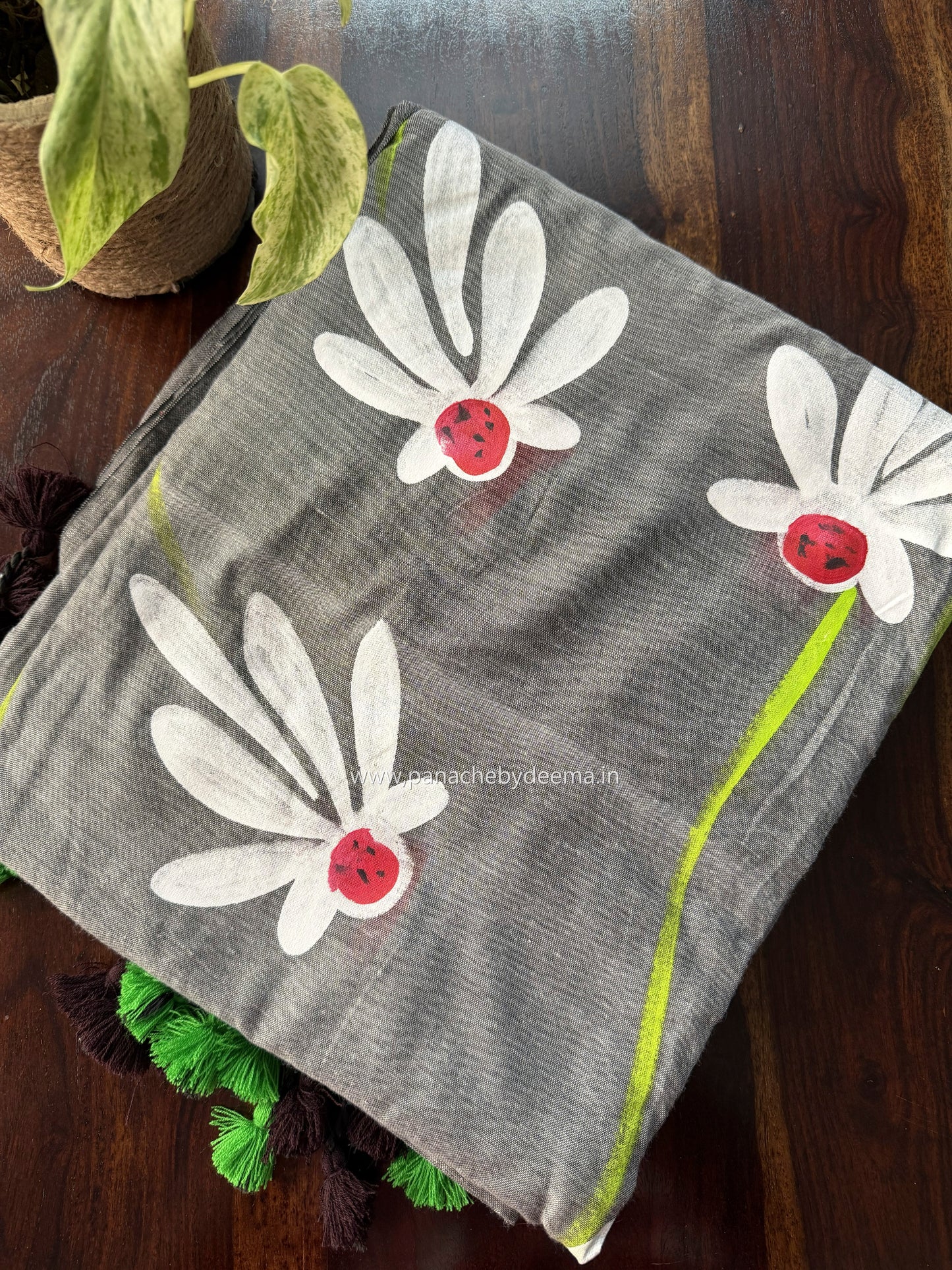 Mul cotton saree handpainted flowers  | Grey | K10