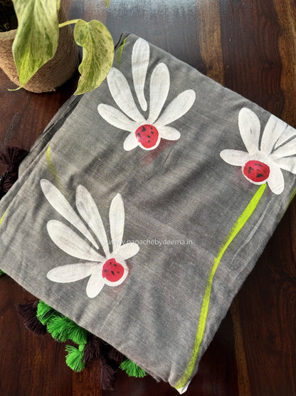 Mul cotton saree handpainted flowers  | Grey | K10
