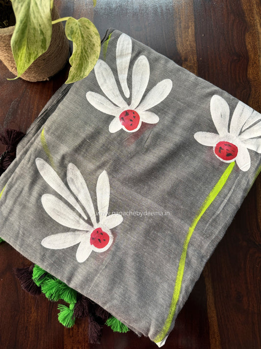 Mul cotton saree handpainted flowers  | Grey | K10