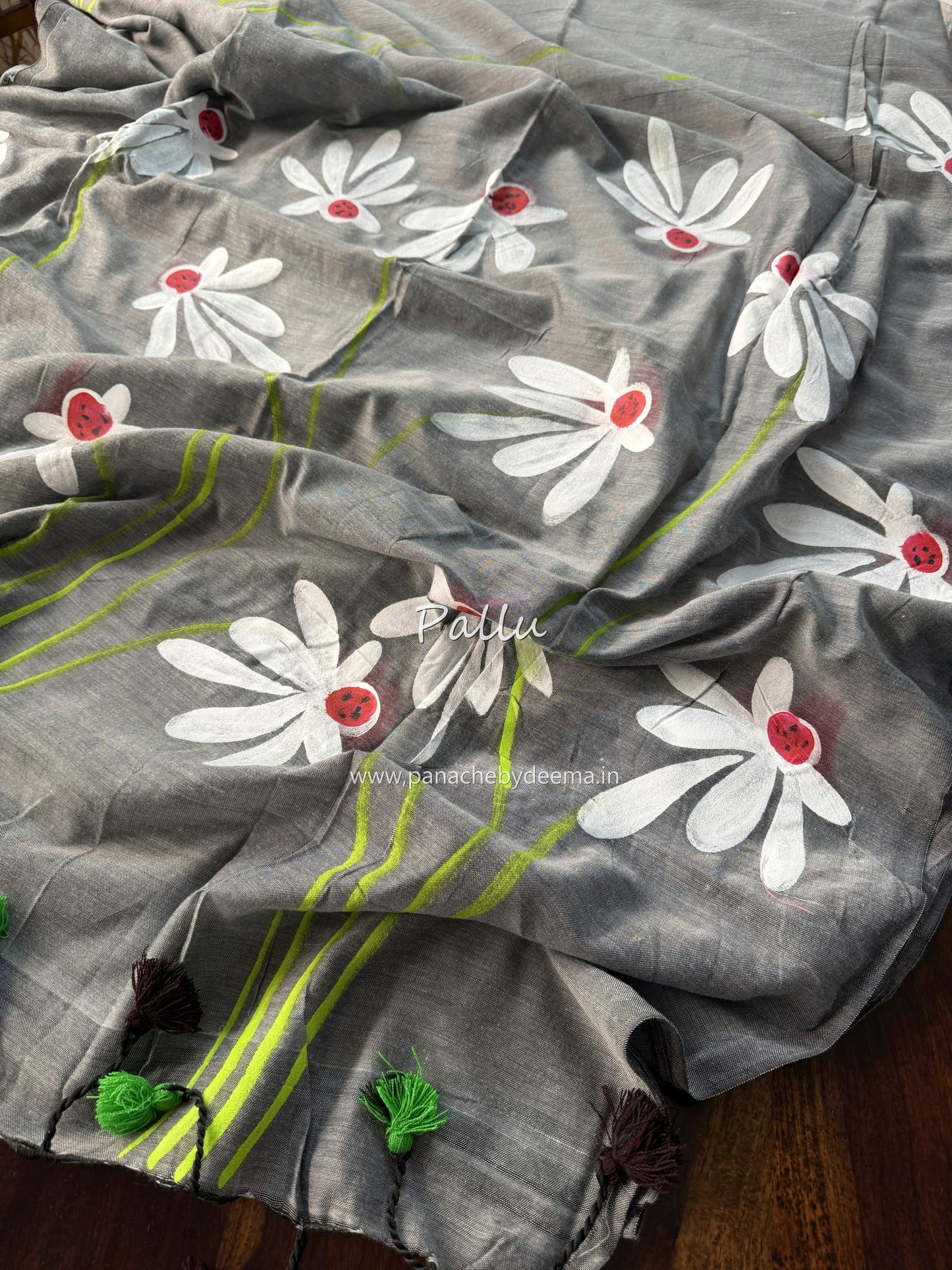 Mul cotton saree handpainted flowers  | Grey | K10