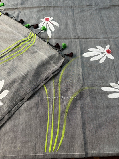 Mul cotton saree handpainted flowers  | Grey | K10