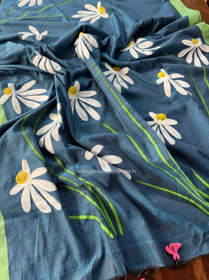 Mul cotton saree handpainted flowers  | Blue with green borders | K9