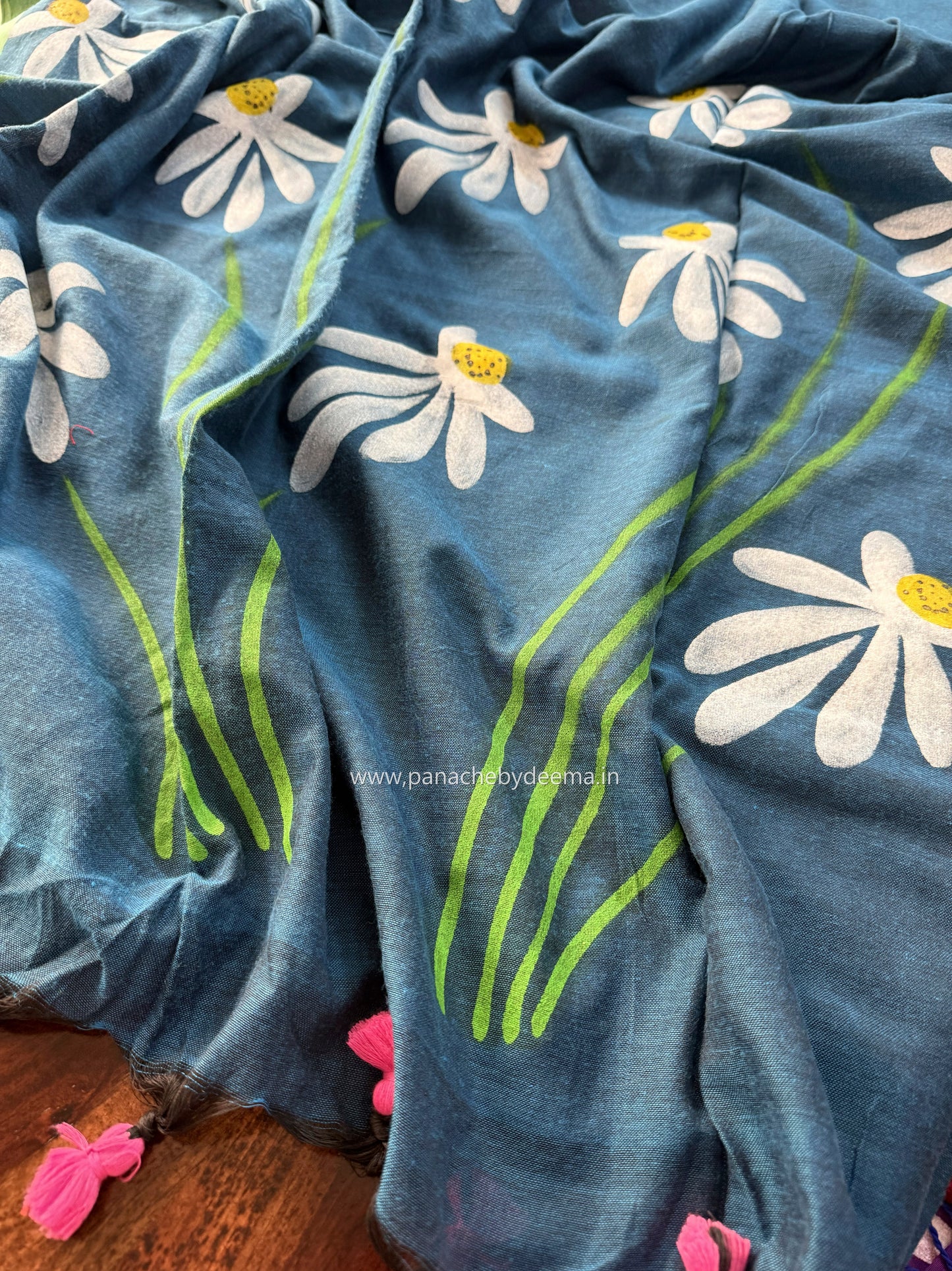Mul cotton saree handpainted flowers  | Blue with green borders | K9