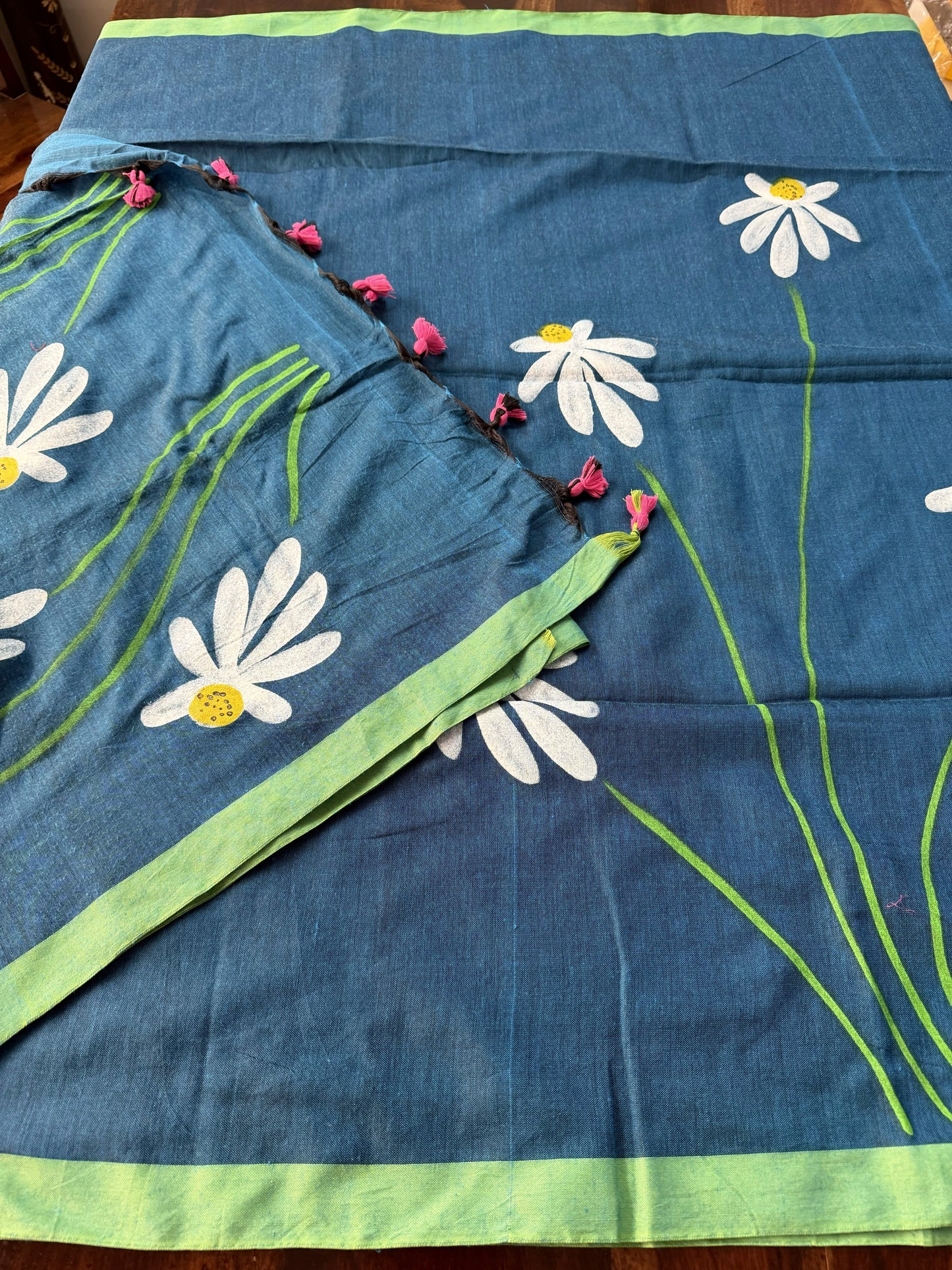 Mul cotton saree handpainted flowers  | Blue with green borders | K9