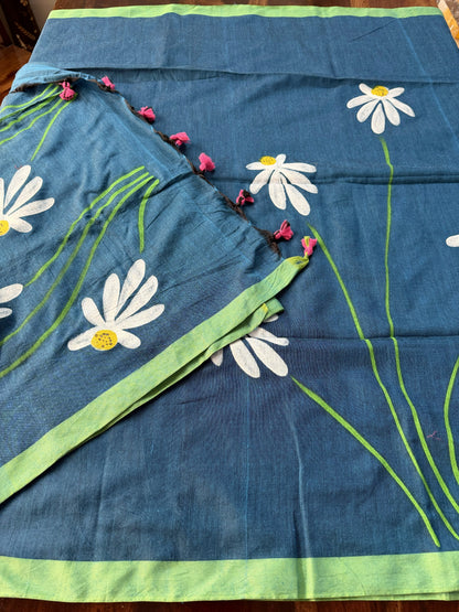 Mul cotton saree handpainted flowers  | Blue with green borders | K9