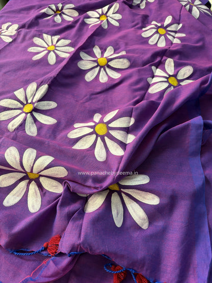 Pure Mul cotton saree handpainted flowers  | Violet| K8