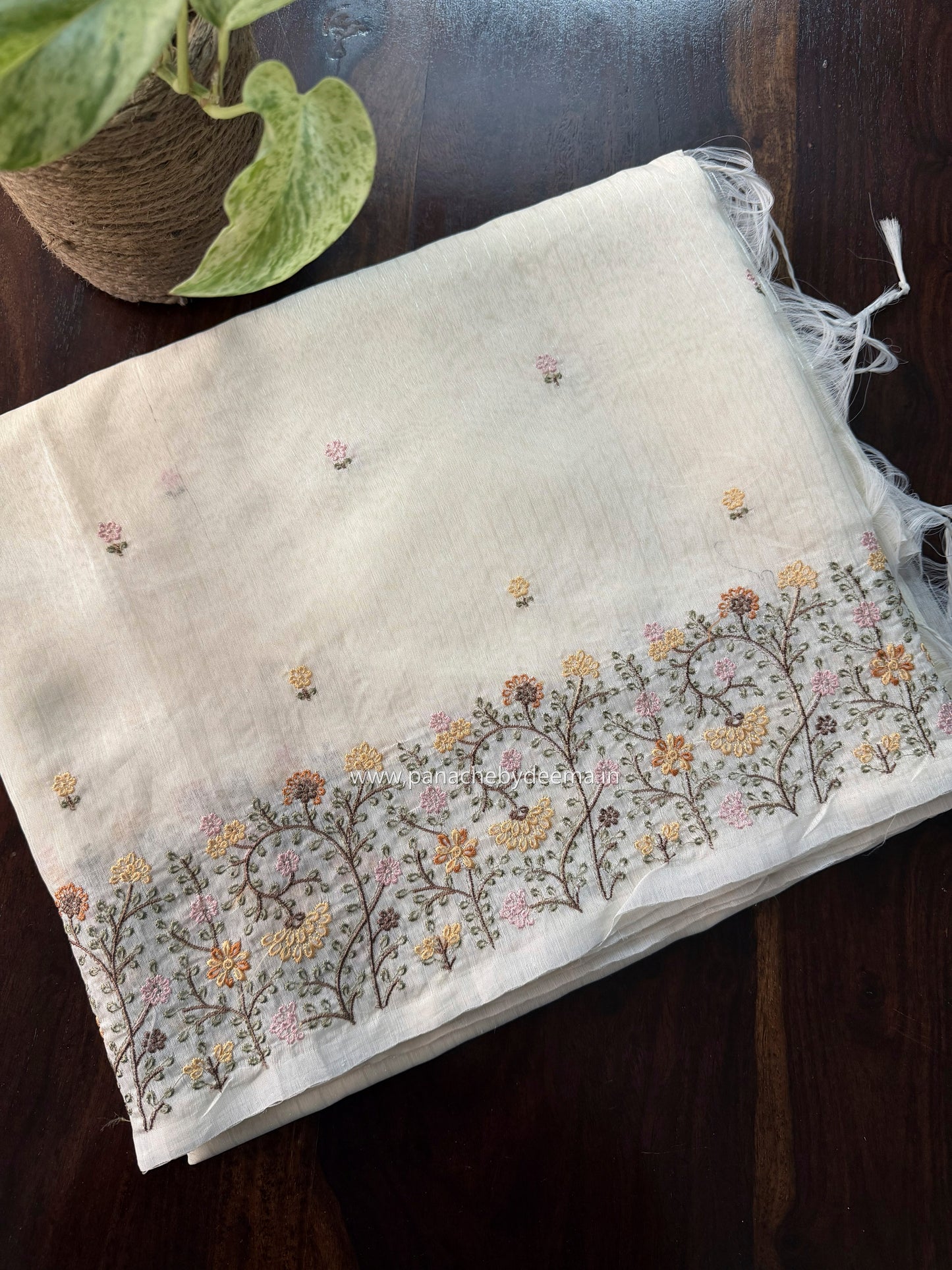 Semi chanderi tissue silk saree with  embroidery | Light cream with yellow flowers | CHN6