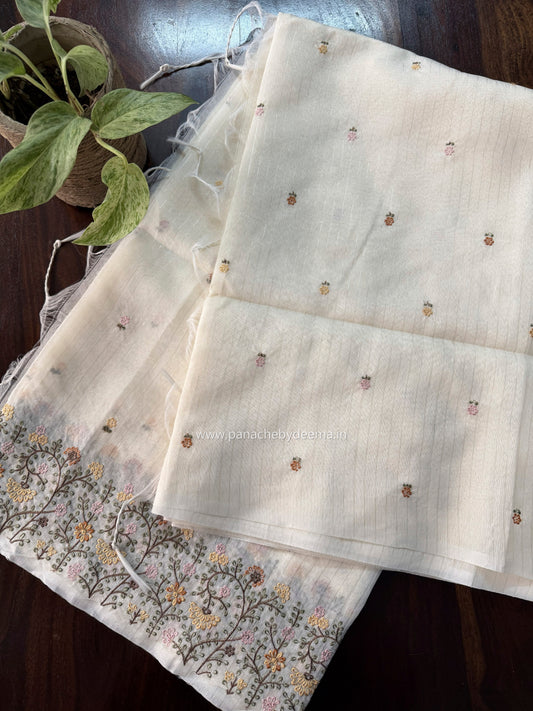 Semi chanderi tissue silk saree with  embroidery | Light cream with yellow flowers | CHN6