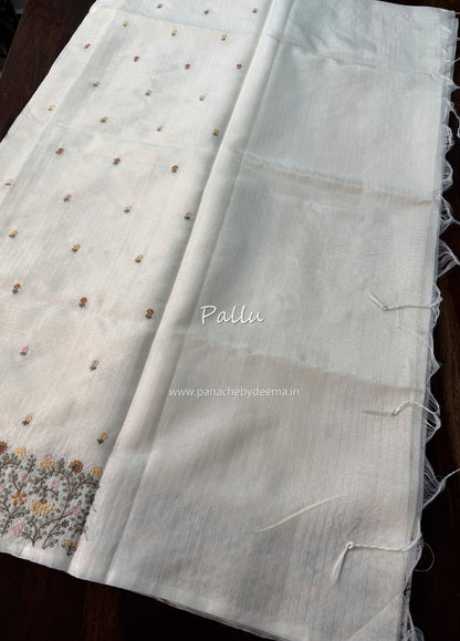 Semi chanderi tissue silk saree with  embroidery | Light cream with yellow flowers | CHN6