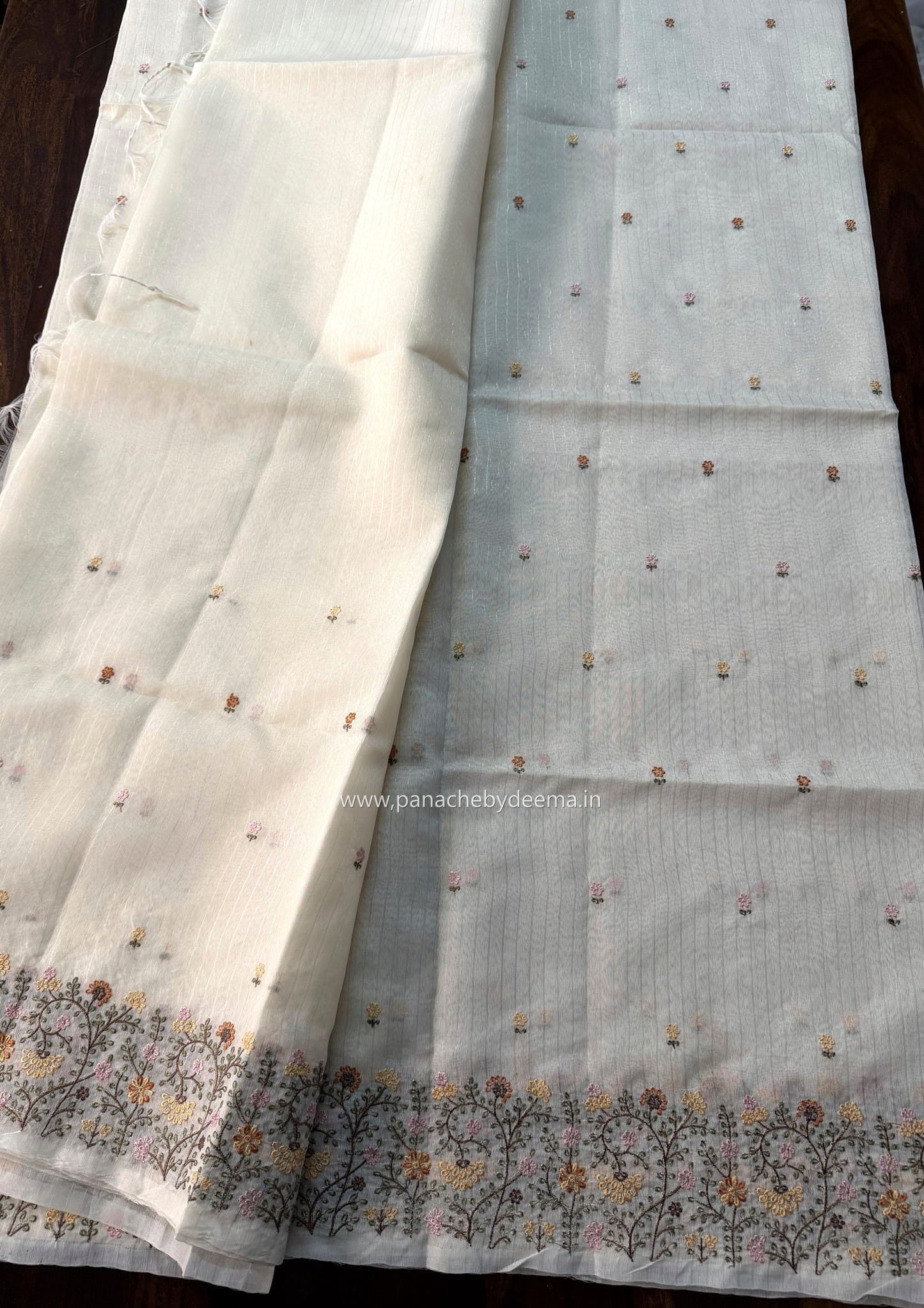 Semi chanderi tissue silk saree with  embroidery | Light cream with yellow flowers | CHN6