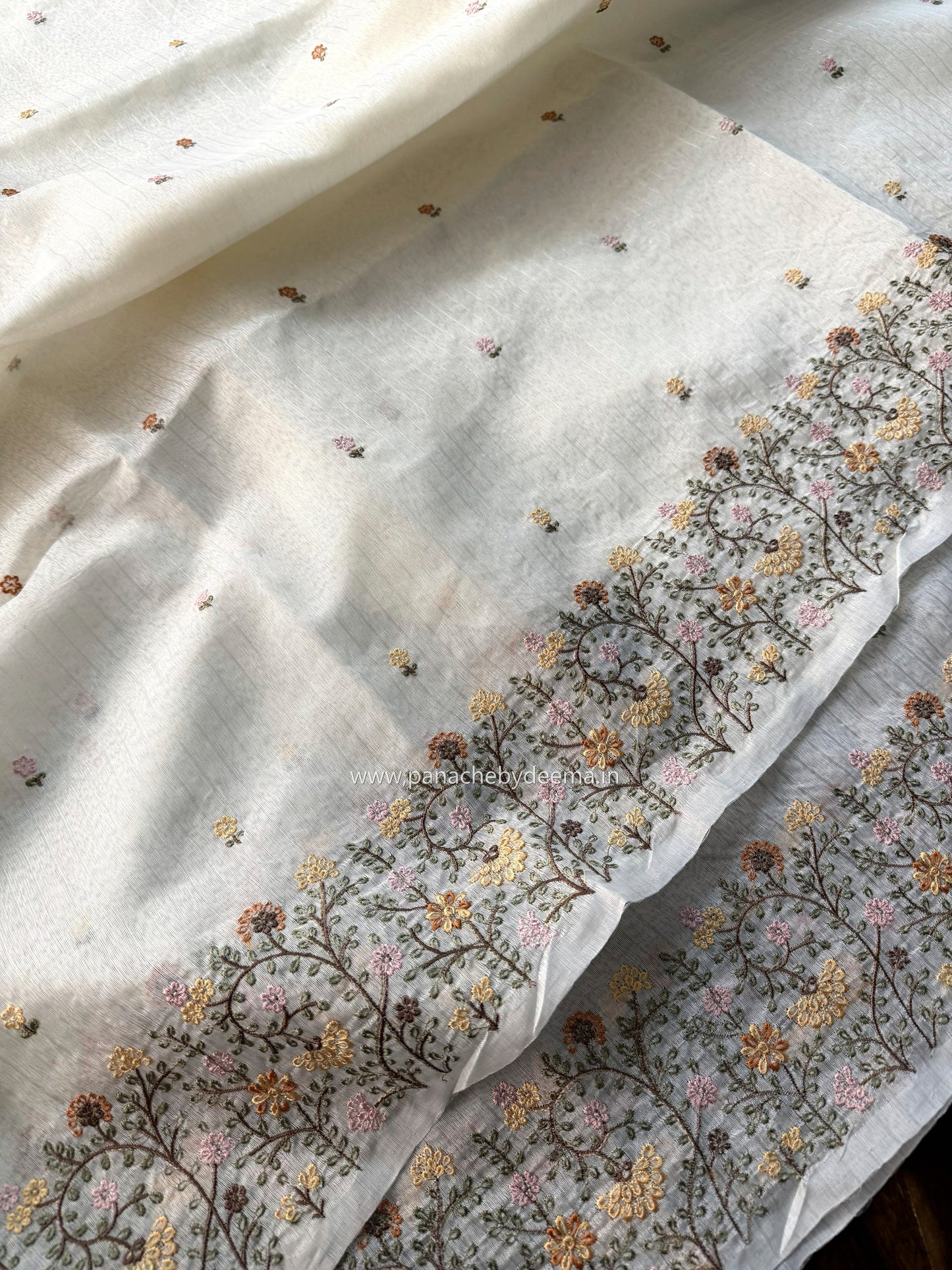 Semi chanderi tissue silk saree with  embroidery | Light cream with yellow flowers | CHN6