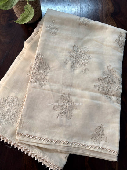 Soft mul chanderi saree with tissue applique | Light cream | MC1
