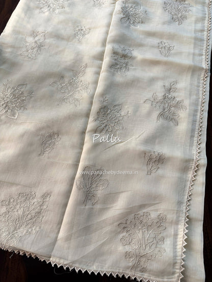 Soft mul chanderi saree with tissue applique | Light cream | MC1