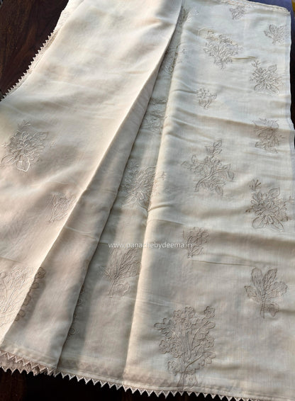 Soft mul chanderi saree with tissue applique | Light cream | MC1