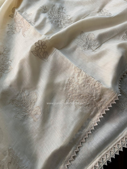 Soft mul chanderi saree with tissue applique | Light cream | MC1