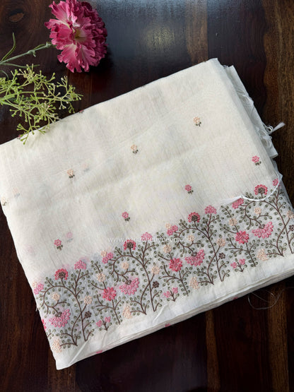 Semi chanderi tissue silk saree with  embroidery | Light cream with Pink flowers | CHN5