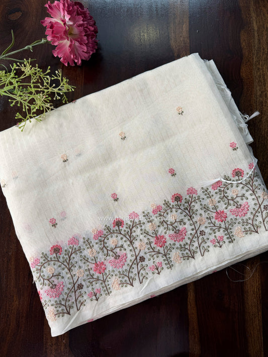 Semi chanderi tissue silk saree with  embroidery | Light cream with Pink flowers | CHN5