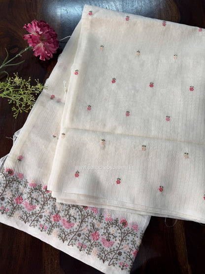 Semi chanderi tissue silk saree with  embroidery | Light cream with Pink flowers | CHN5