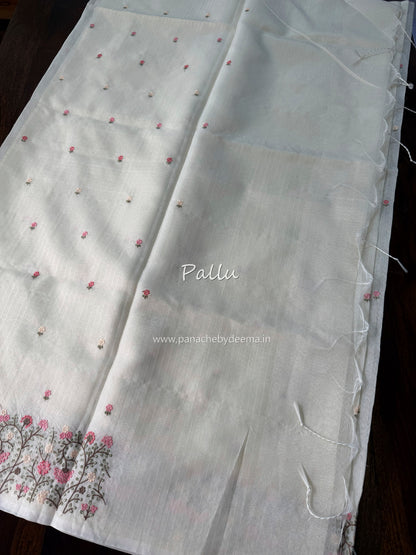 Semi chanderi tissue silk saree with  embroidery | Light cream with Pink flowers | CHN5