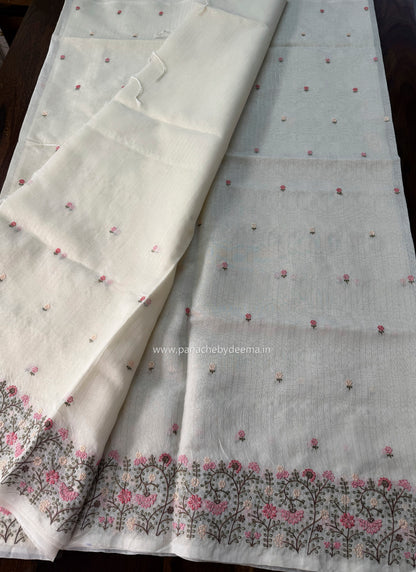 Semi chanderi tissue silk saree with  embroidery | Light cream with Pink flowers | CHN5