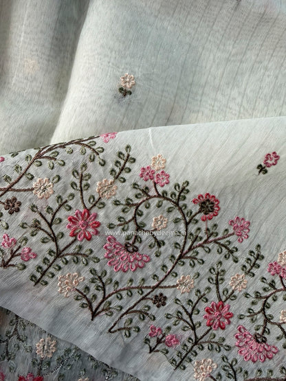 Semi chanderi tissue silk saree with  embroidery | Light cream with Pink flowers | CHN5