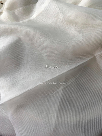 Semi chanderi tissue silk saree with  embroidery | Light cream with Pink flowers | CHN5