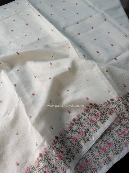 Semi chanderi tissue silk saree with  embroidery | Light cream with Pink flowers | CHN5