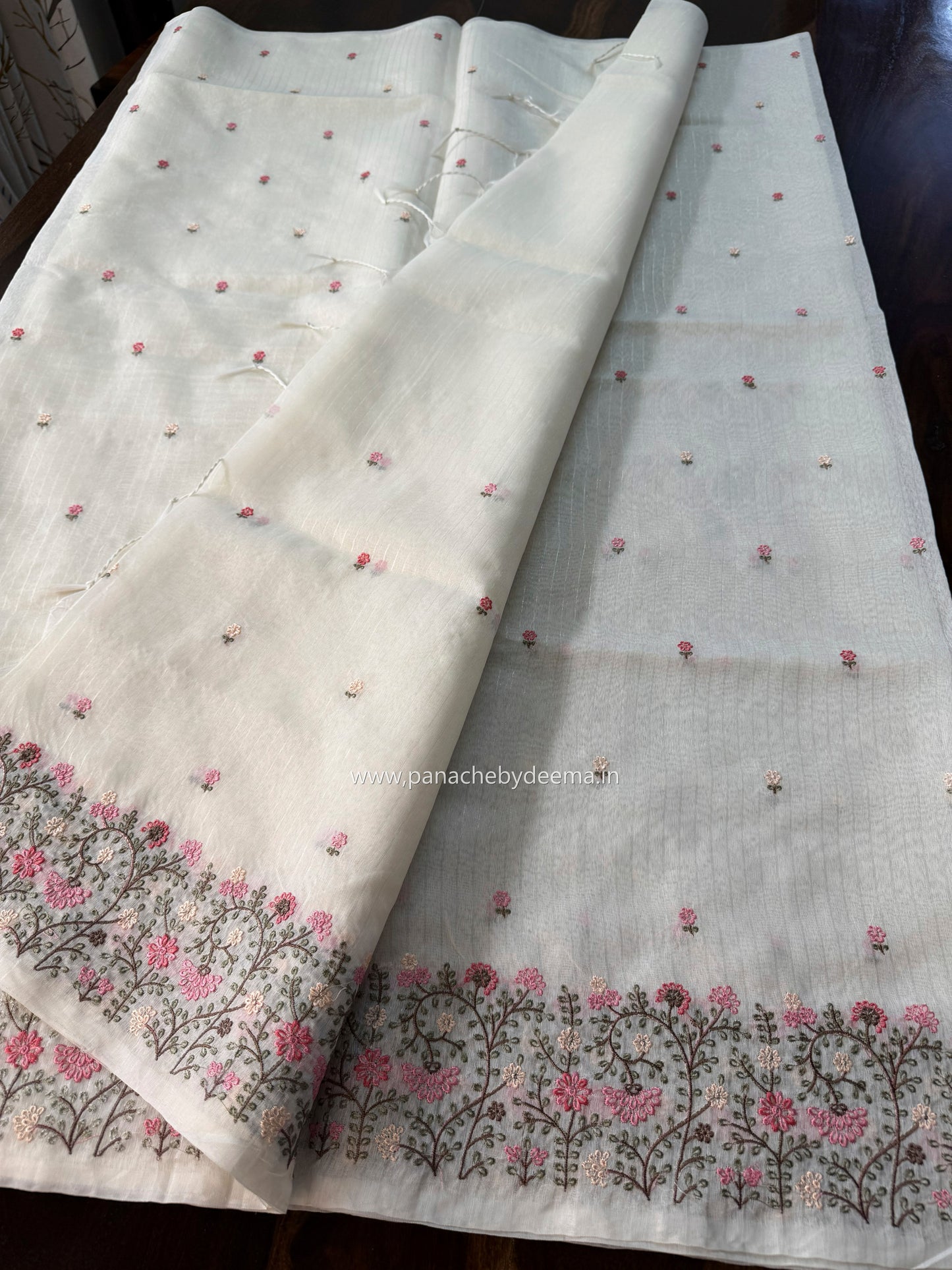 Semi chanderi tissue silk saree with  embroidery | Light cream with Pink flowers | CHN5