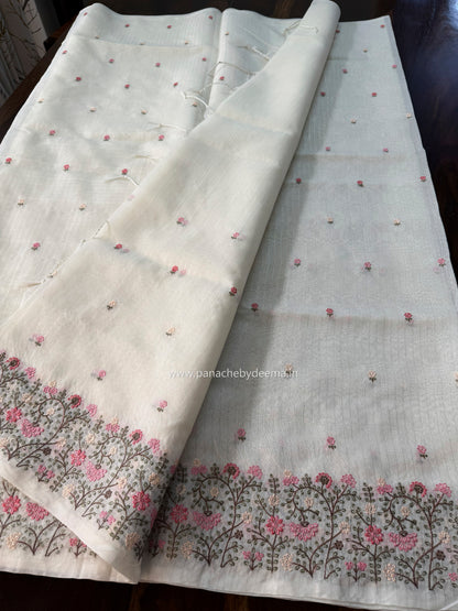 Semi chanderi tissue silk saree with  embroidery | Light cream with Pink flowers | CHN5