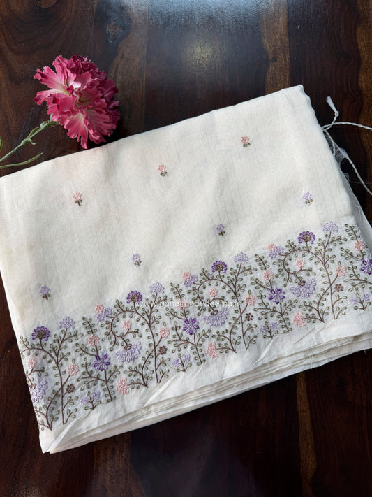 Semi chanderi tissue saree with  embroidery | Light cream with Lavender flowers | CHN4