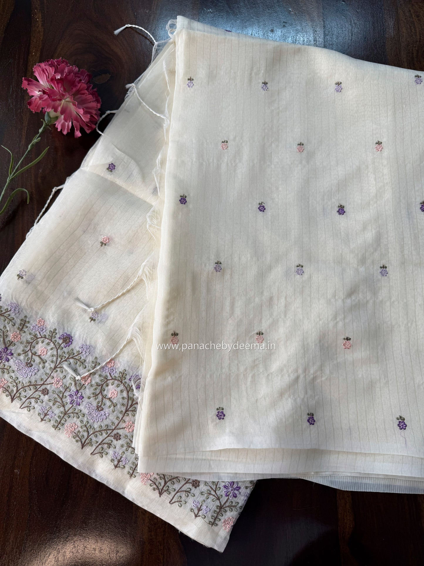Semi chanderi tissue saree with  embroidery | Light cream with Lavender flowers | CHN4