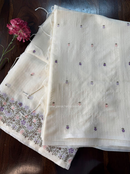 Semi chanderi tissue saree with  embroidery | Light cream with Lavender flowers | CHN4