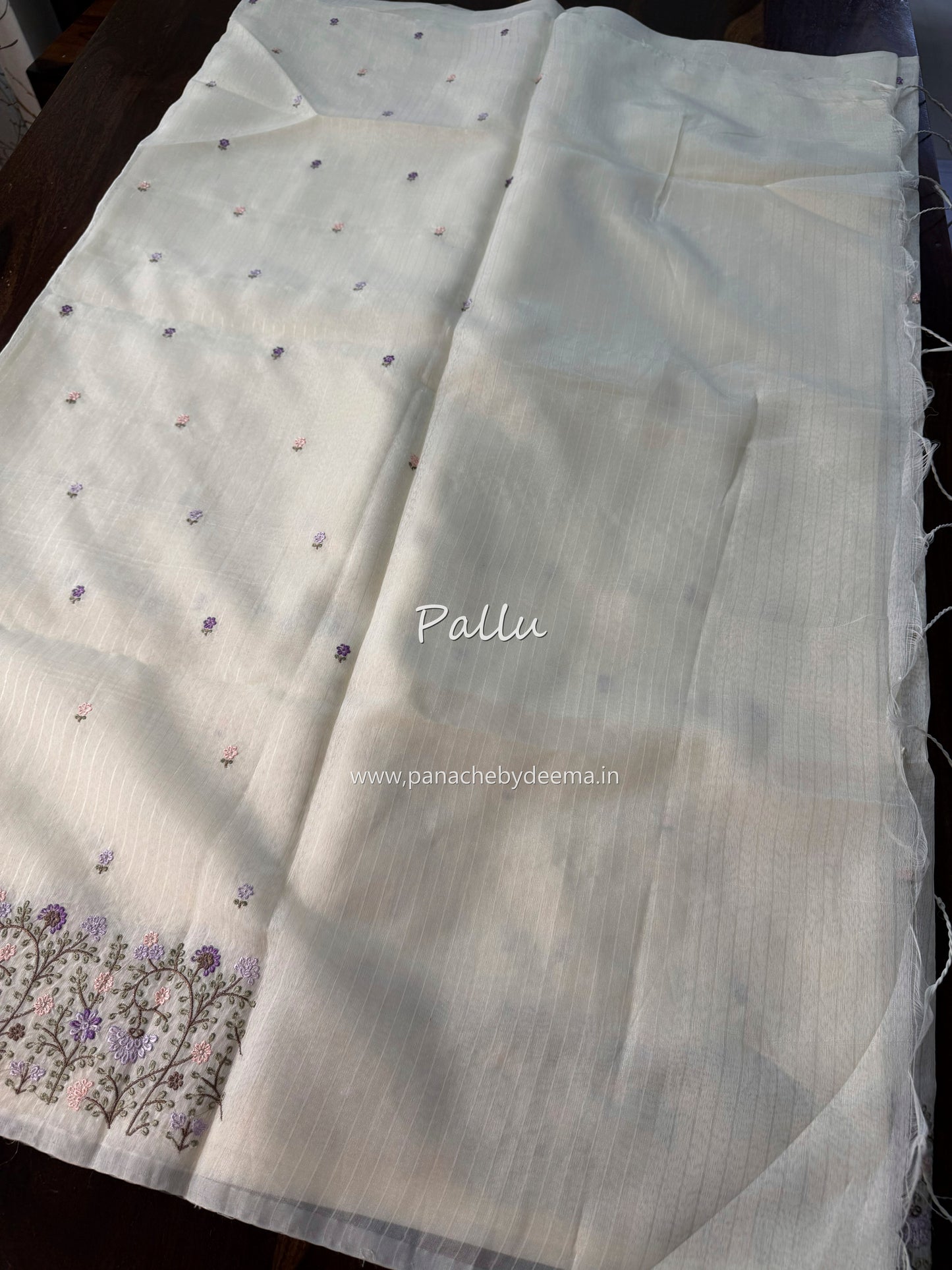 Semi chanderi tissue saree with  embroidery | Light cream with Lavender flowers | CHN4