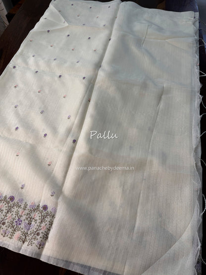 Semi chanderi tissue saree with  embroidery | Light cream with Lavender flowers | CHN4