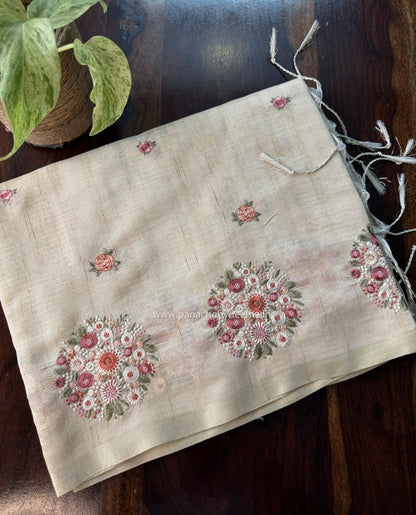 Chapa tussar saree with beautiful embroidery and subtle golden borders| Light Chikku shade| KO2