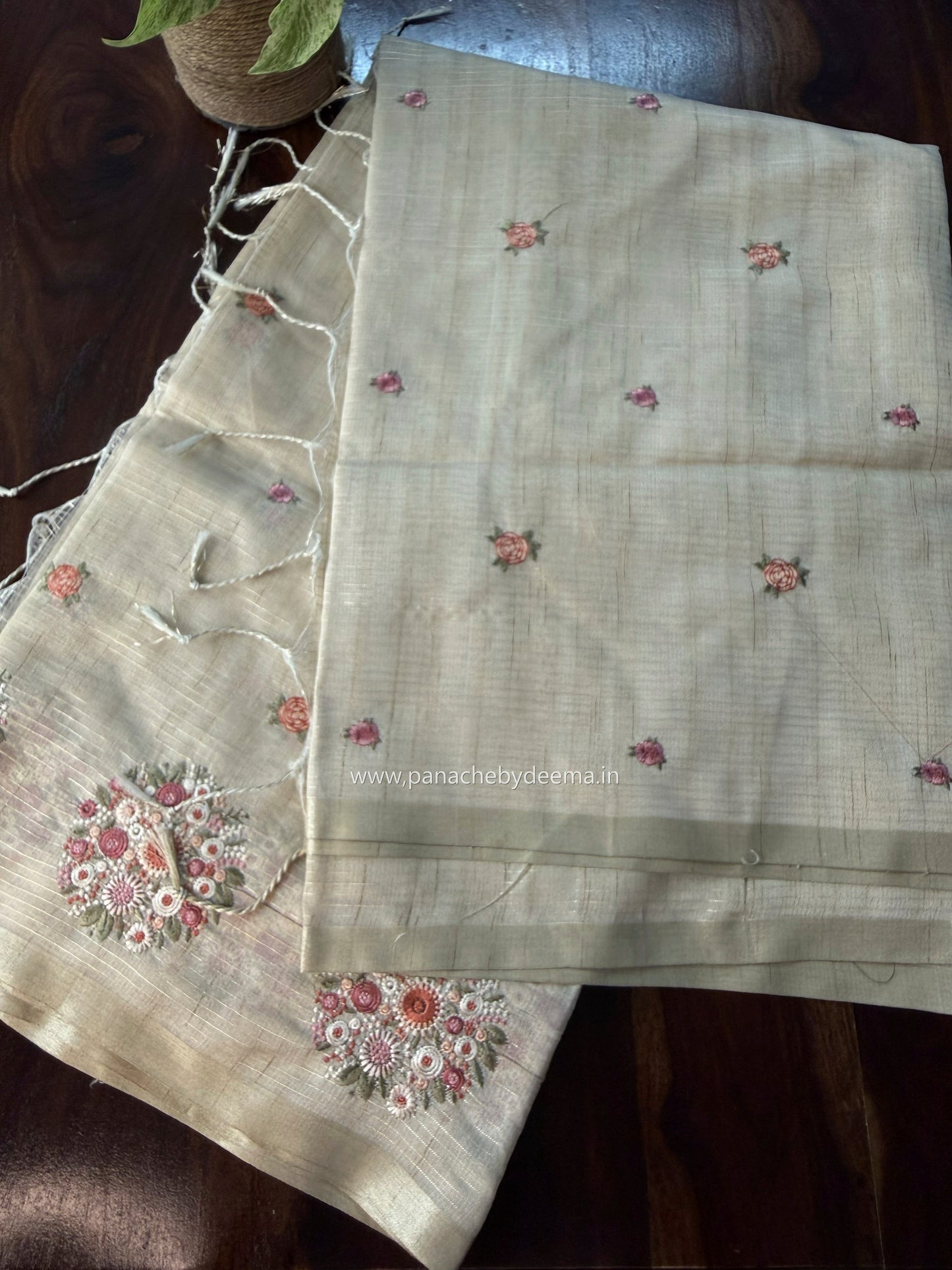 Chapa tussar saree with beautiful embroidery and subtle golden borders| Light Chikku shade| KO2