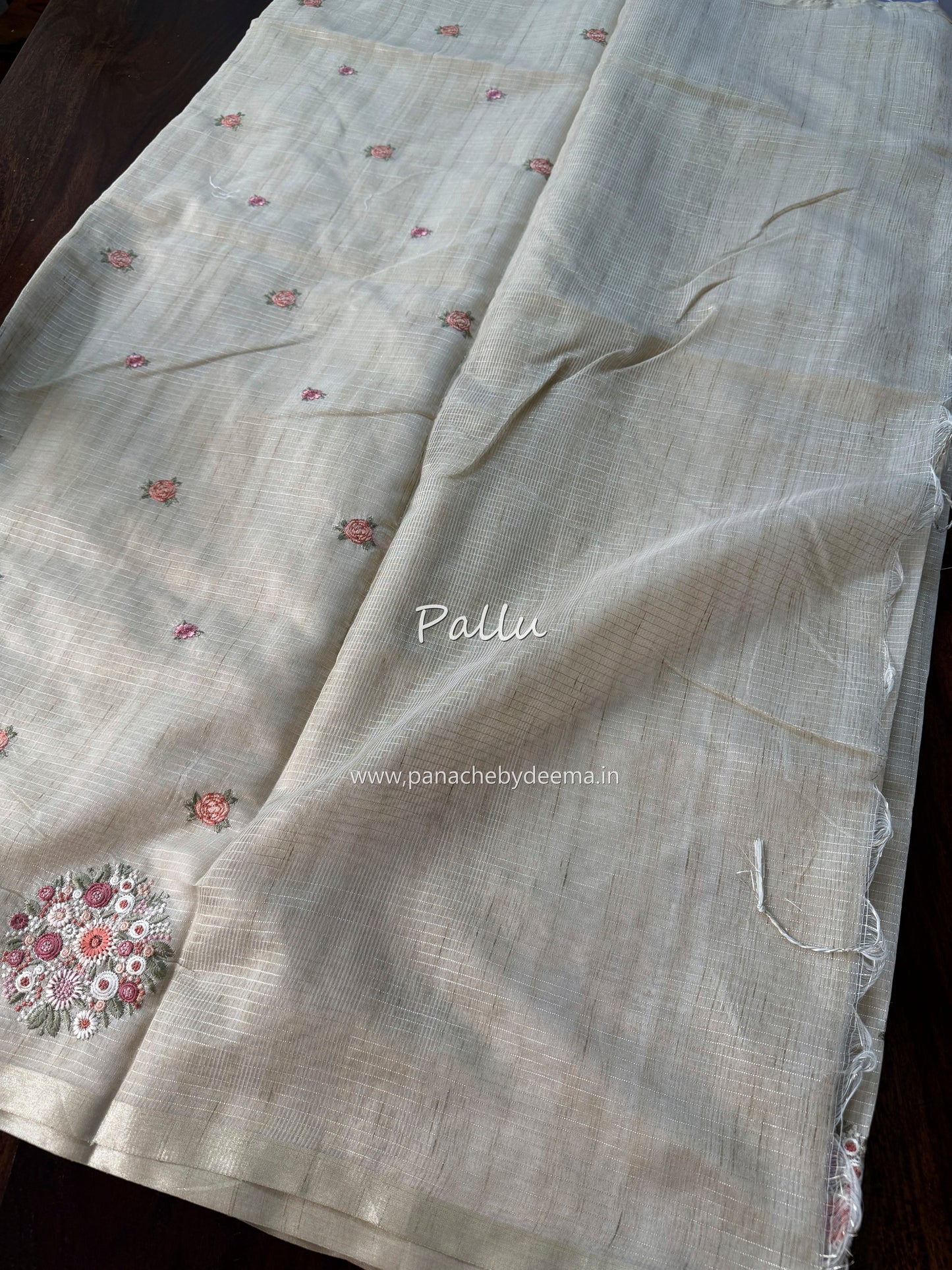 Chapa tussar saree with beautiful embroidery and subtle golden borders| Light Chikku shade| KO2