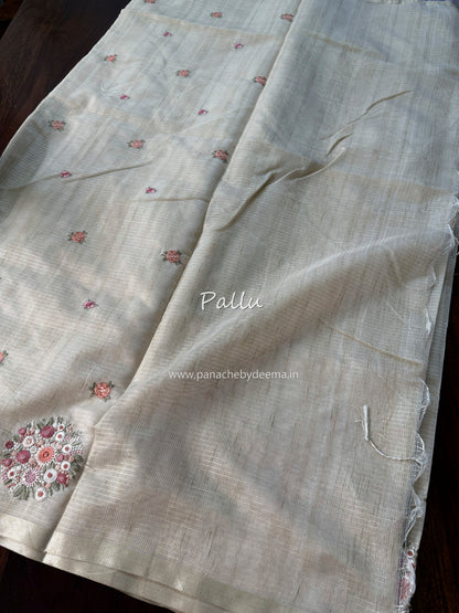 Chapa tussar saree with beautiful embroidery and subtle golden borders| Light Chikku shade| KO2