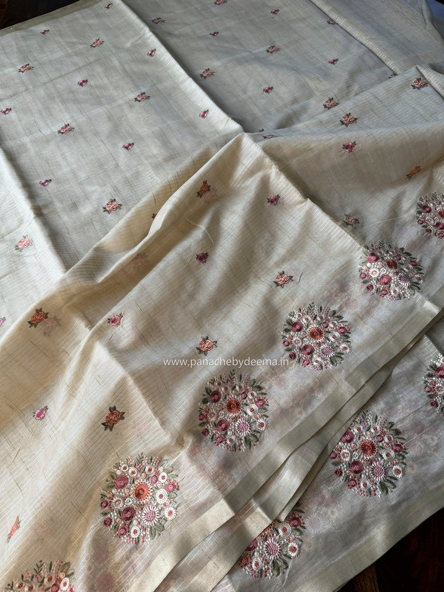 Chapa tussar saree with beautiful embroidery and subtle golden borders| Light Chikku shade| KO2