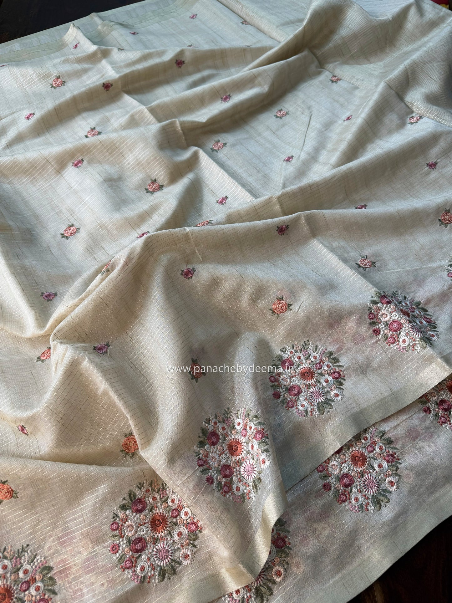 Chapa tussar saree with beautiful embroidery and subtle golden borders| Light Chikku shade| KO2