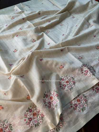 Chapa tussar saree with beautiful embroidery and subtle golden borders| Light Chikku shade| KO2
