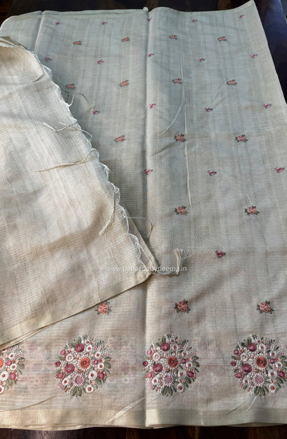 Chapa tussar saree with beautiful embroidery and subtle golden borders| Light Chikku shade| KO2