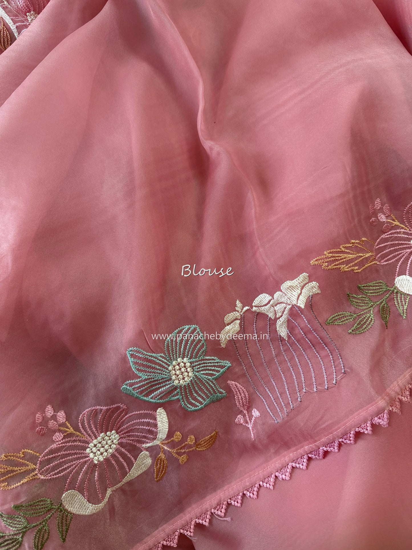 Organza saree with multi colour embroidery and lace borders | Peach | VS2