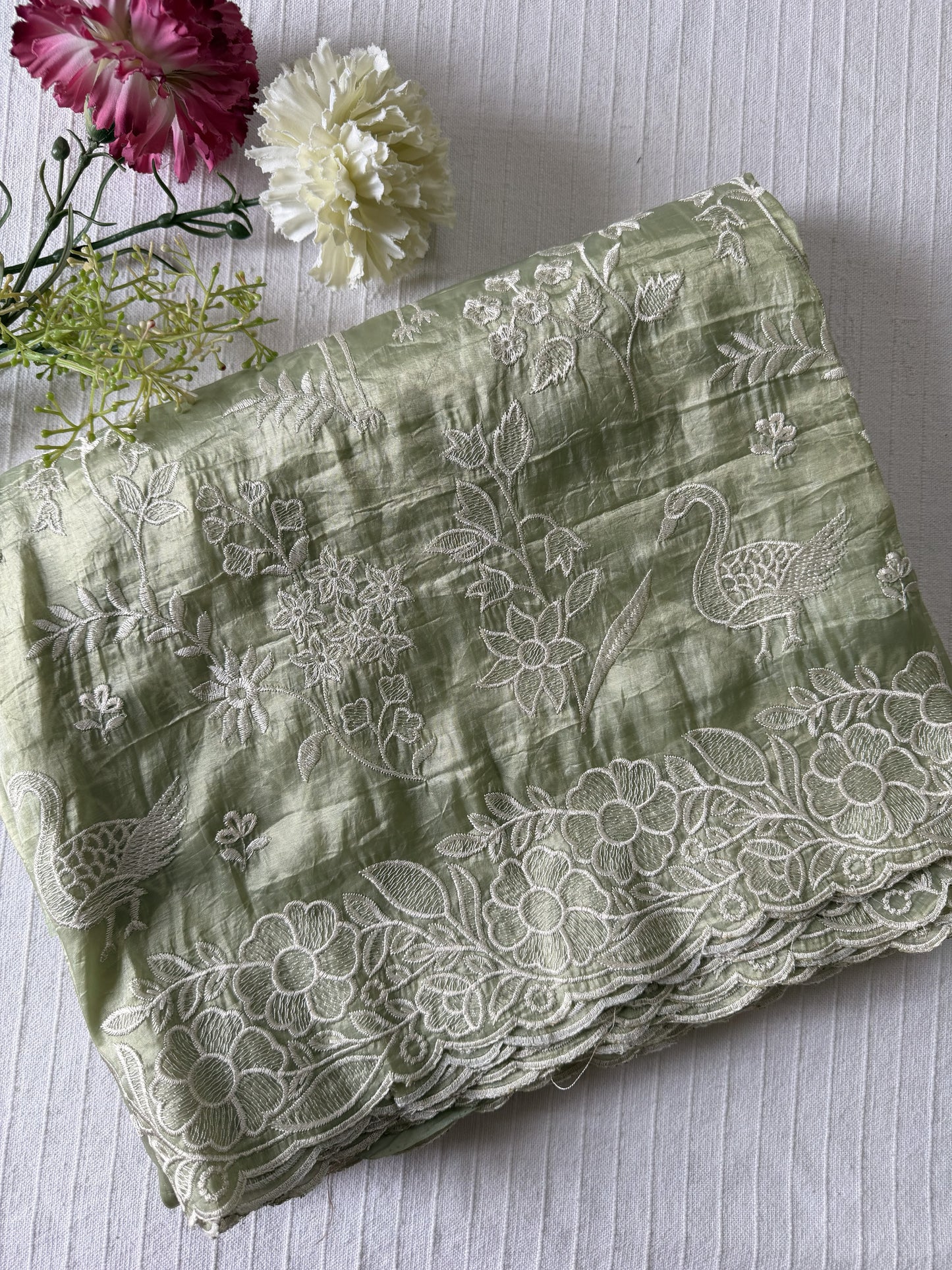 Crushed organza saree with embroidery and scalloped borders | Pastel green| CR1
