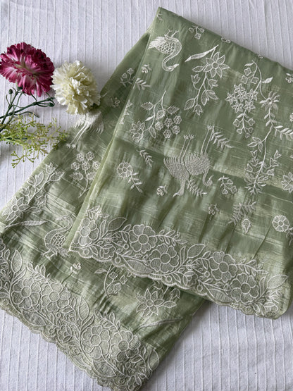 Crushed organza saree with embroidery and scalloped borders | Pastel green| CR1