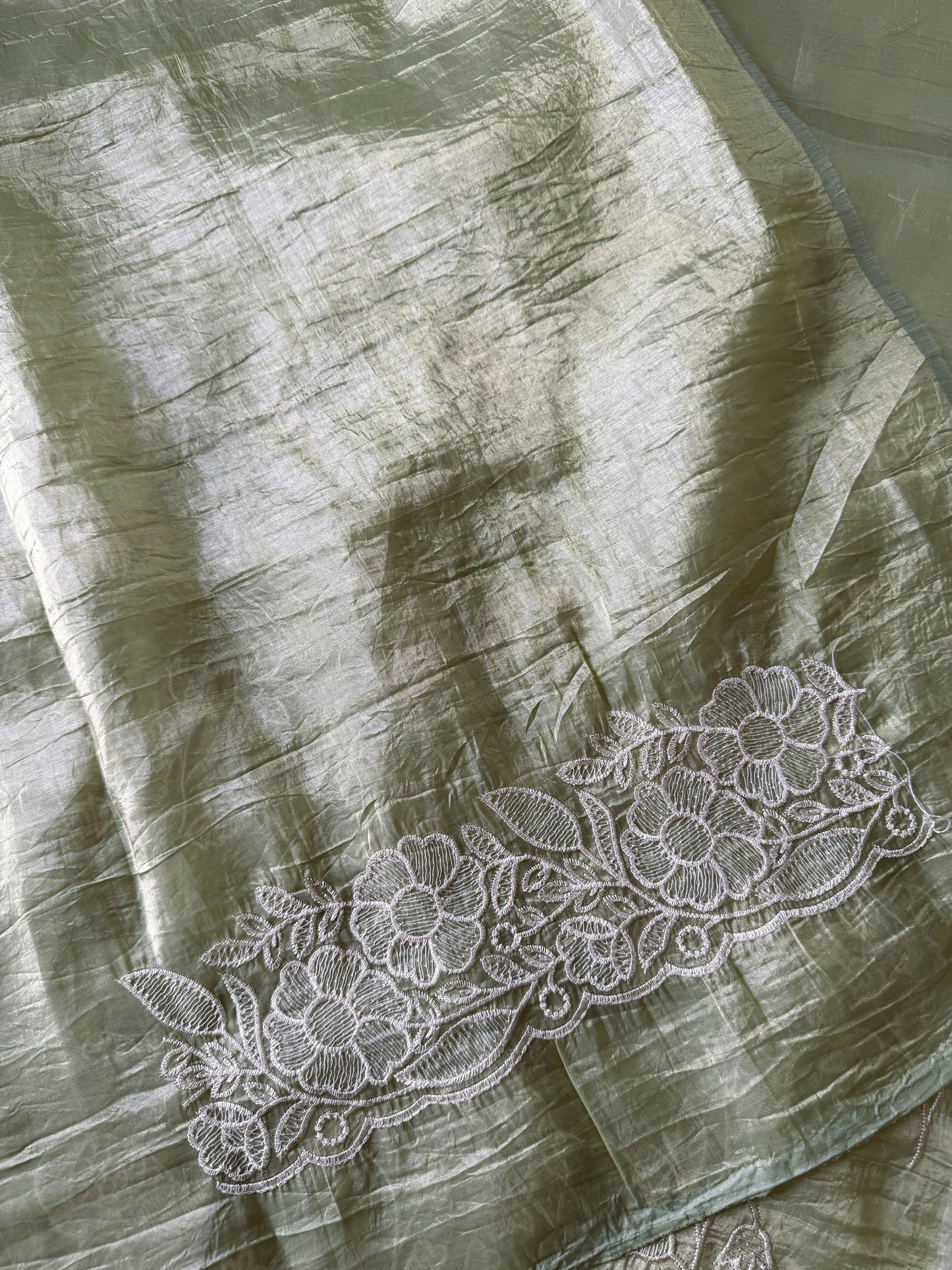 Crushed organza saree with embroidery and scalloped borders | Pastel green| CR1
